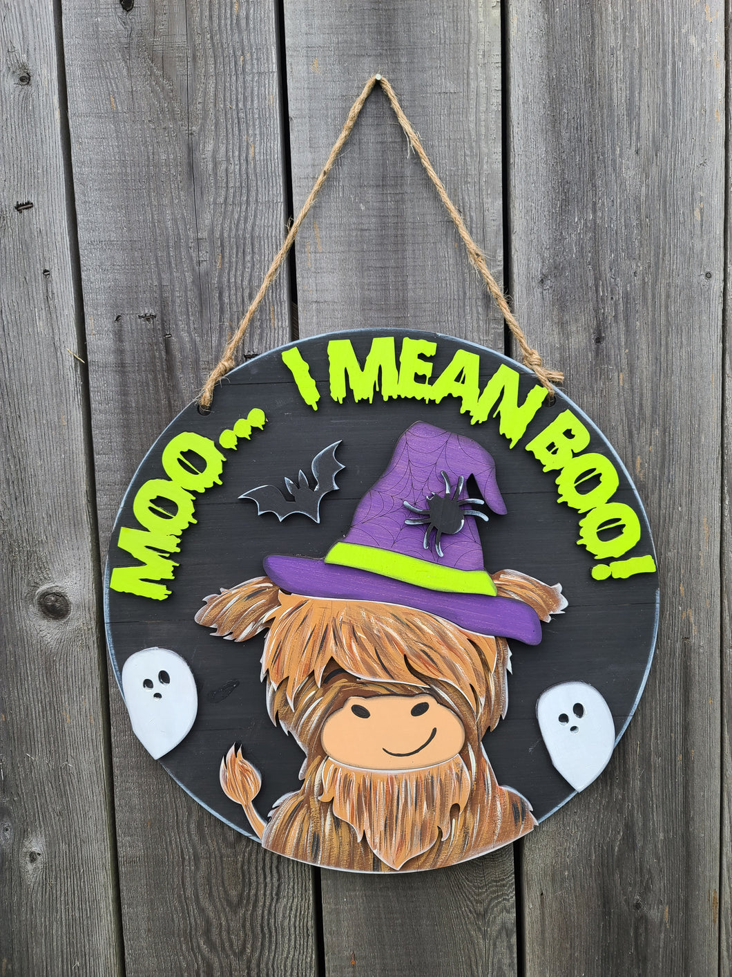 Moo i mean boo highland cow doorhanger