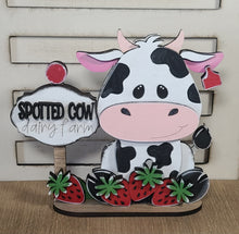 Load image into Gallery viewer, Spotted cow dairy farm shelf sitter with Strawberries
