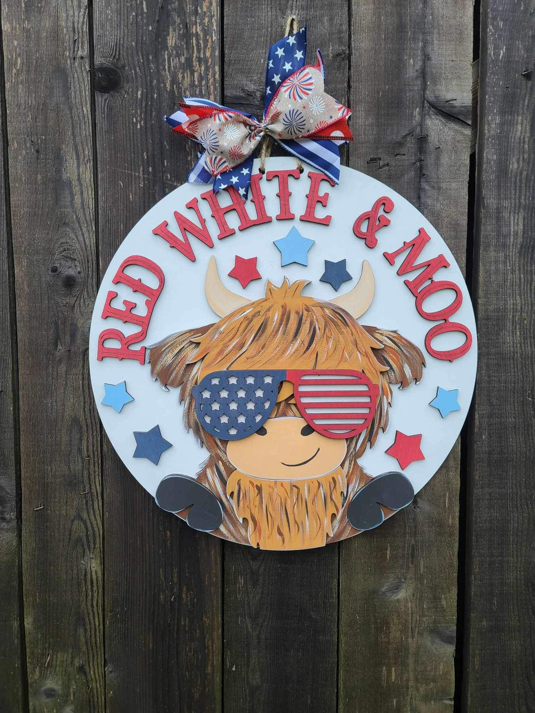 Red, white and Moo highland cow door hanger